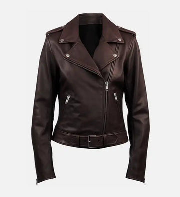 Women’s Dark Brown Sheepskin Leather Biker Jacket with Belted Waist