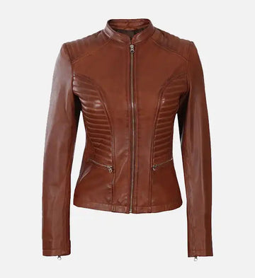 Women’s Brown Sheepskin Cognac Wax Café Racer Leather Jacket