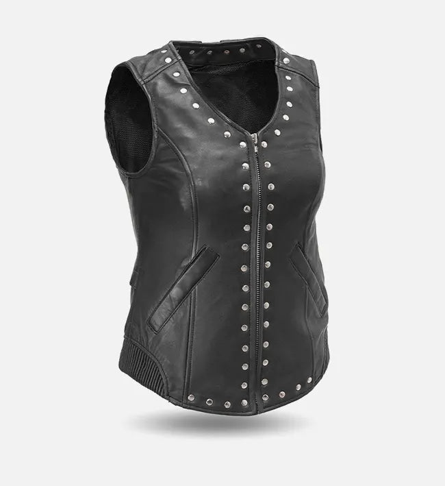 Women’s Black Sheepskin Leather Vest with Stud Accents & Lace-Up Back