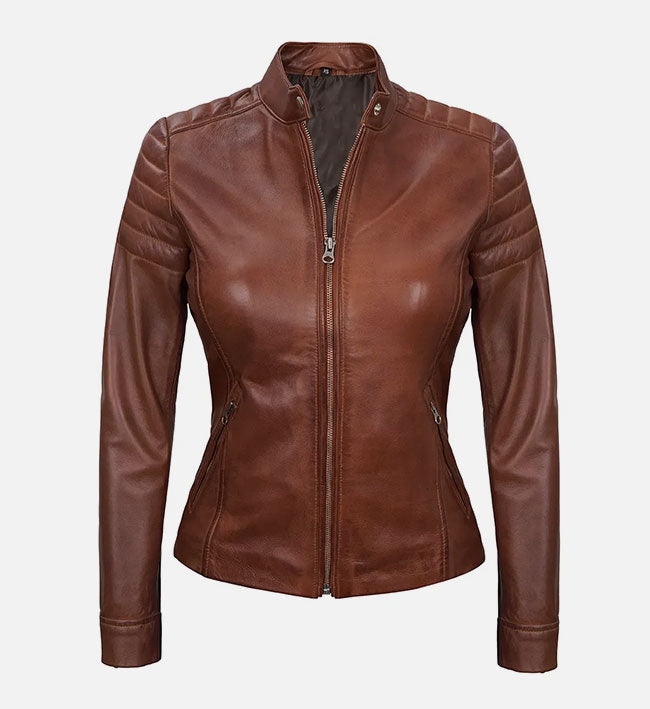 Women’s Sheepskin Café Racer Brown Padded Leather Jacket