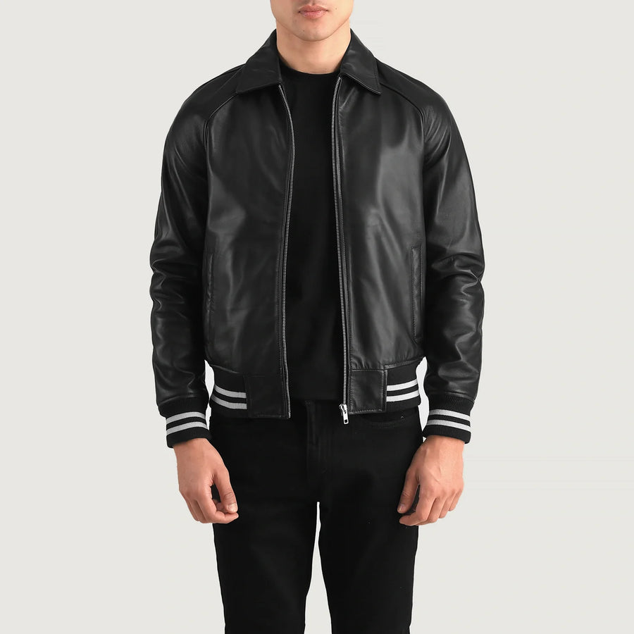 Men’s Semi-Aniline Sheepskin Leather Jacket with Rib Knit Cuffs & Hem