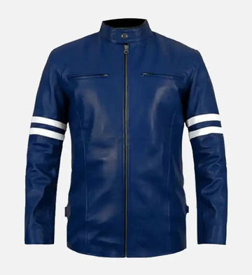 Men’s Sheepskin Leather Jacket – Blue with White Sleeve Stripes