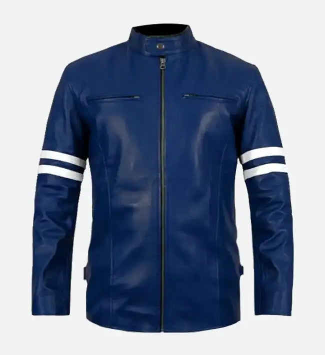 Men’s Sheepskin Leather Jacket – Blue with White Sleeve Stripes