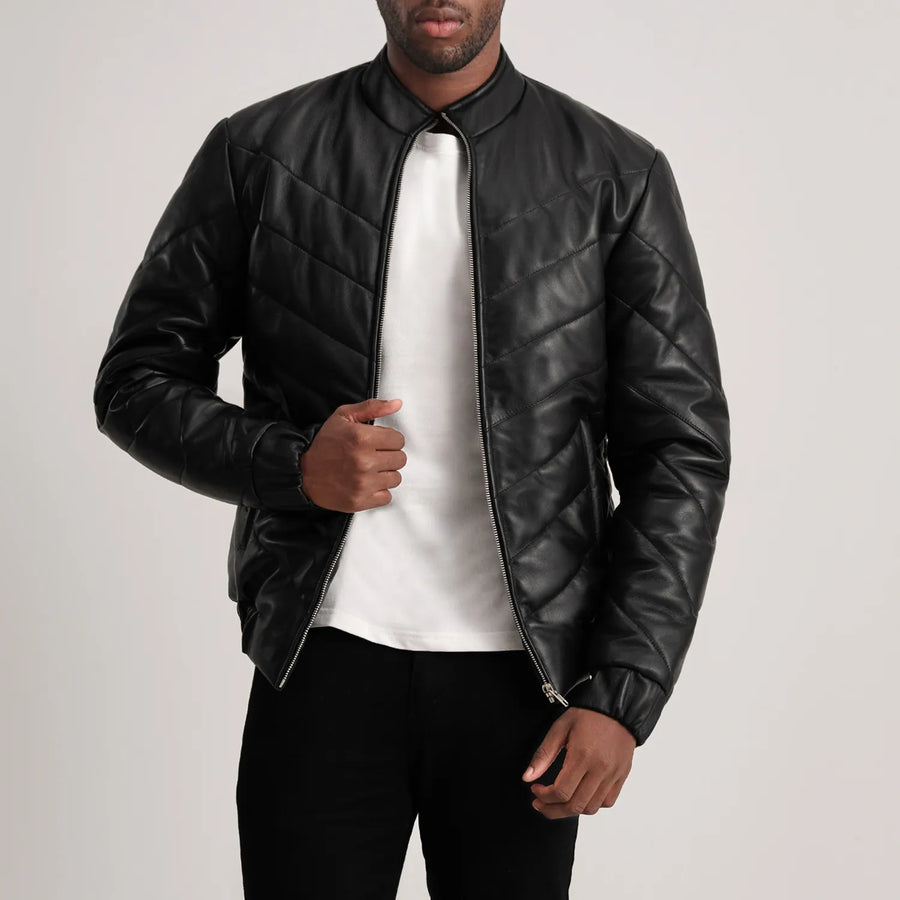 Men’s Sheepskin Real Leather Quilted Puffer Jacket with Band Collor