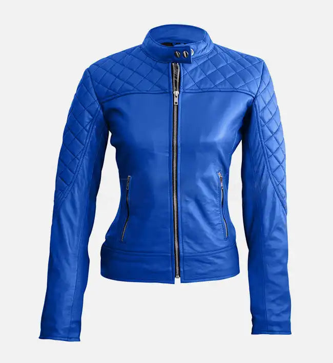 Women’s Blue Sheepskin Leather Café Racer Jacket with Quilted Detailing