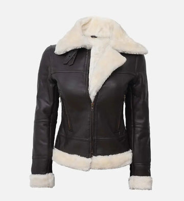 Women’s Sheepskin Leather Aviator Jacket – Black with White Faux Shearling