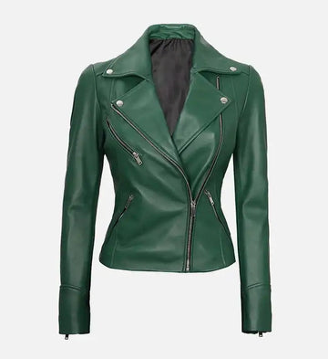Women’s Signature Sheepskin Leather Biker Jacket – Green, Pink & White