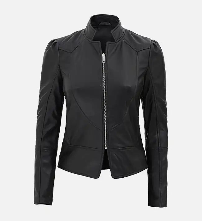 Women’s Black Slim-Fit Sheepskin Leather Jacket – Minimalist Stand Collar Design