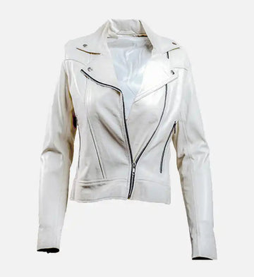 Women’s White Sheepskin Leather Biker Jacket with Asymmetrical Zipper
