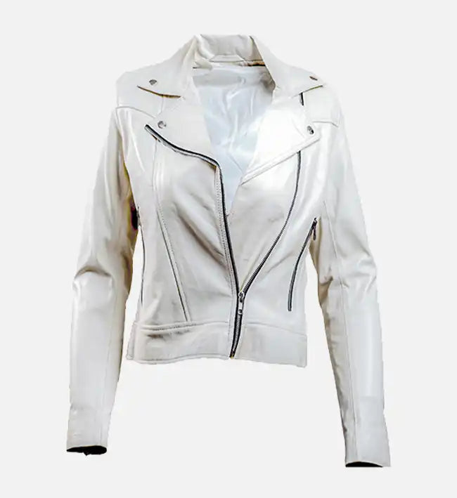 Women’s White Sheepskin Leather Biker Jacket with Asymmetrical Zipper
