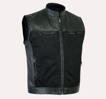 Genuine Leather Perforated Biker Vest - Classic Leather Moto Vest for comfortable rides