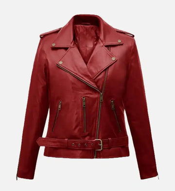 Women’s Red Sheepskin Leather Biker Jacket – Asymmetrical Zipper Style