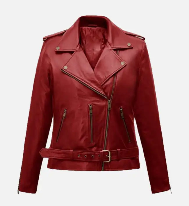Women’s Red Sheepskin Leather Biker Jacket – Asymmetrical Zipper Style