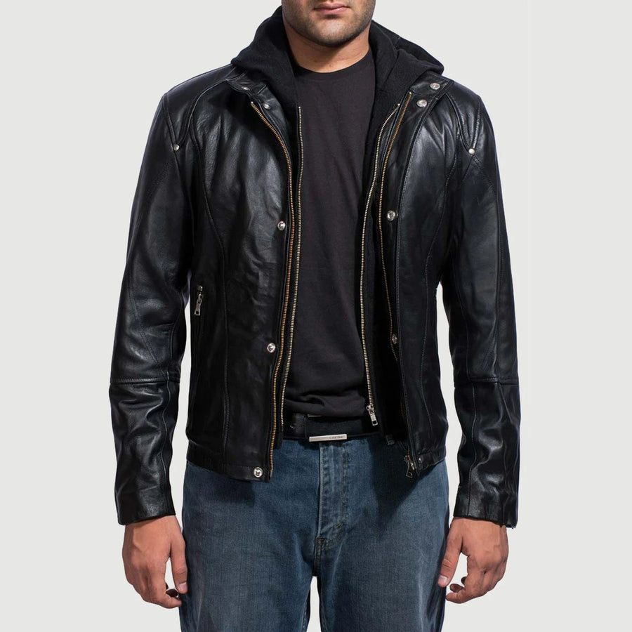 Real Leather Cowhide Jacket with Hood For Men – Timeless Black Style