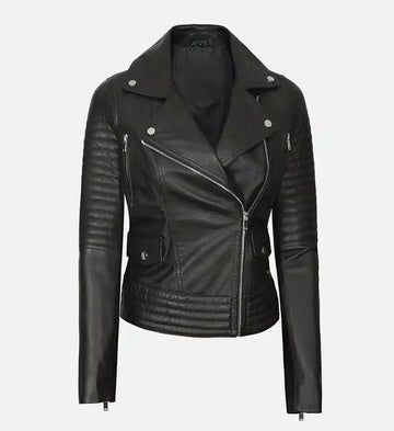 Women’s Sheepskin Black Asymmetrical Biker Leather Jacket