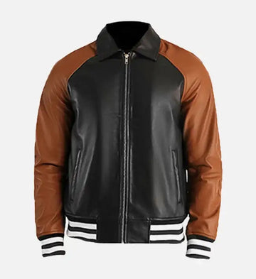 Men’s Sheepskin Leather Bomber Varsity Jacket – with Ribbed Hemline