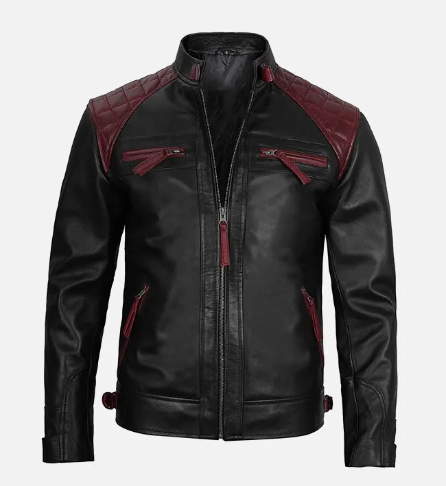 Men’s Sheepskin Café Racer Sheepskin Leather Jacket – Black & Maroon