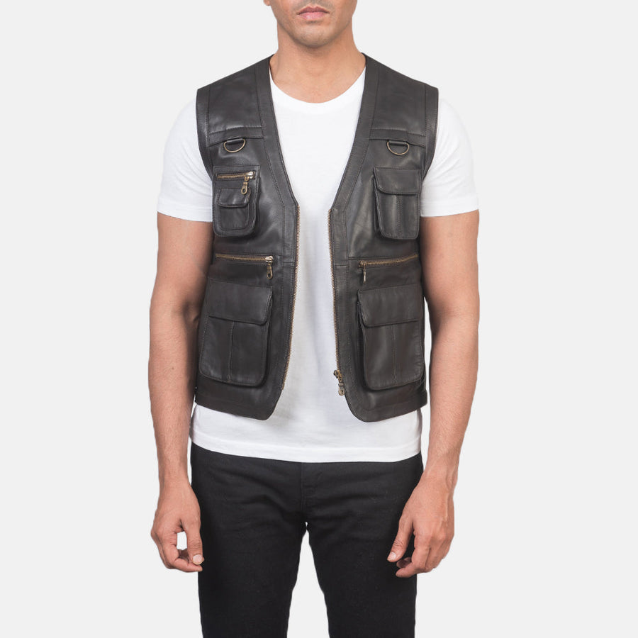 Men’s Brown Semi-Aniline Sheepskin Leather Vest with D-Rings