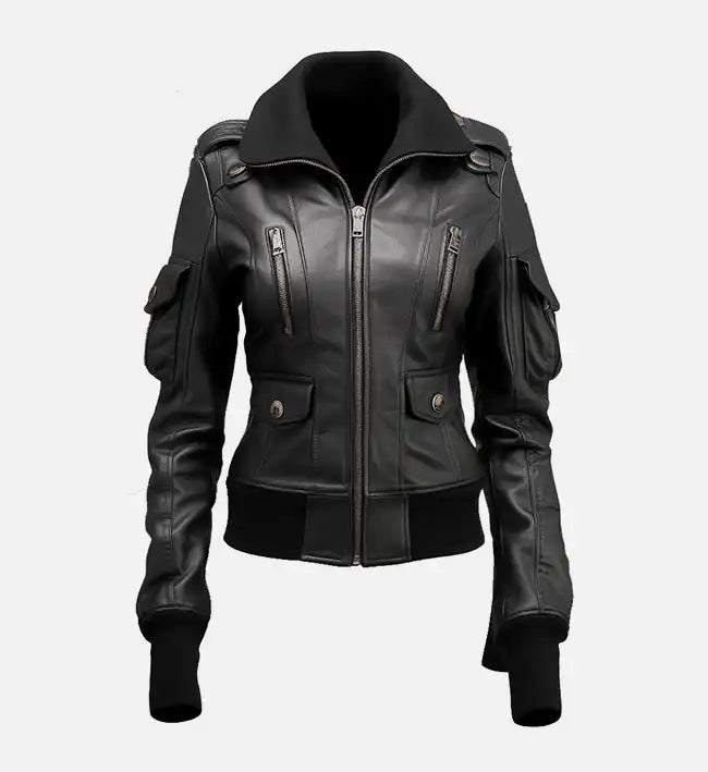 Women’s Black Sheepskin Leather Bomber Jacket – Ribbed Collar & Fitted Silhouette