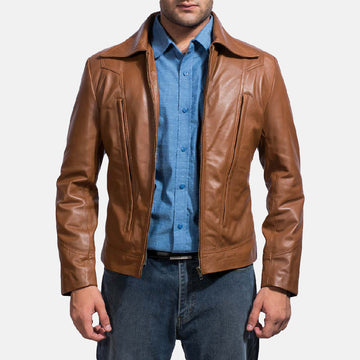 Men’s Brown Sheepskin Leather Jacket with Shirt Collar