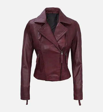 Women’s Sheepskin Maroon Asymmetrical Biker Leather Jacket