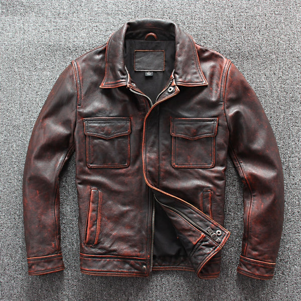 Men's Luxury Leather Jacket - Genuine Full Grain Cowhide, Biker Style, Soft and Rugged, Zip Closure