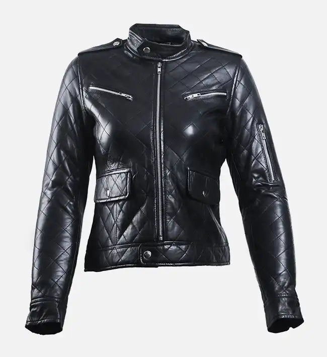 Women’s Sheepskin Leather Puffer Jacket – Black & White Quilted Design