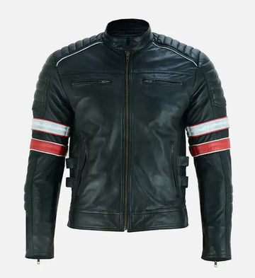 Men’s Sheepskin Red and White Striped Café Racer Leather Jacket