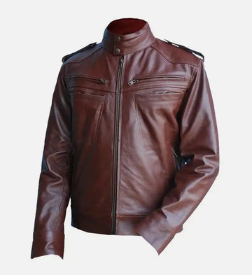 Men’s Sheepskin Leather Biker Jacket – Reddish Brown with Shoulder Epaulets