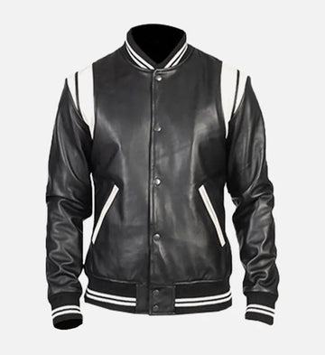 Men’s Sheepskin Leather Jacket – Black with Rib-Knitted Details & White Patches