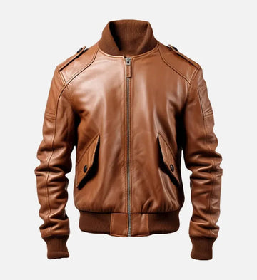 Men’s Brown Sheepskin Leather Jacket with Rib-Knitted Stand-Up Collar