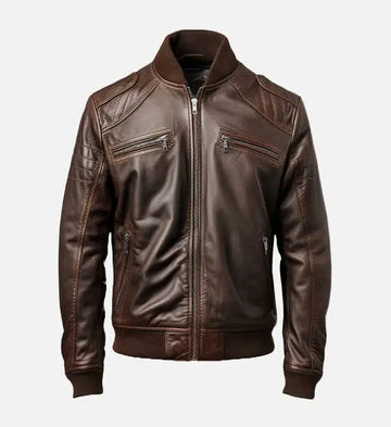 Genuine Sheepskin Leather Café Racer Jacket – Dark Brown with Rib-Knitted Collar