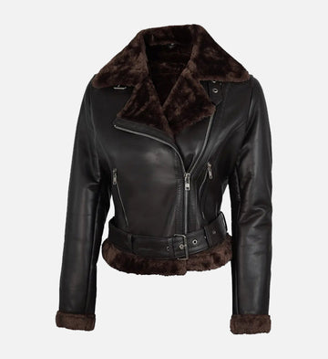 Women’s Black & Brown Shearling Leather Biker Jacket with Asymmetrical Zipper