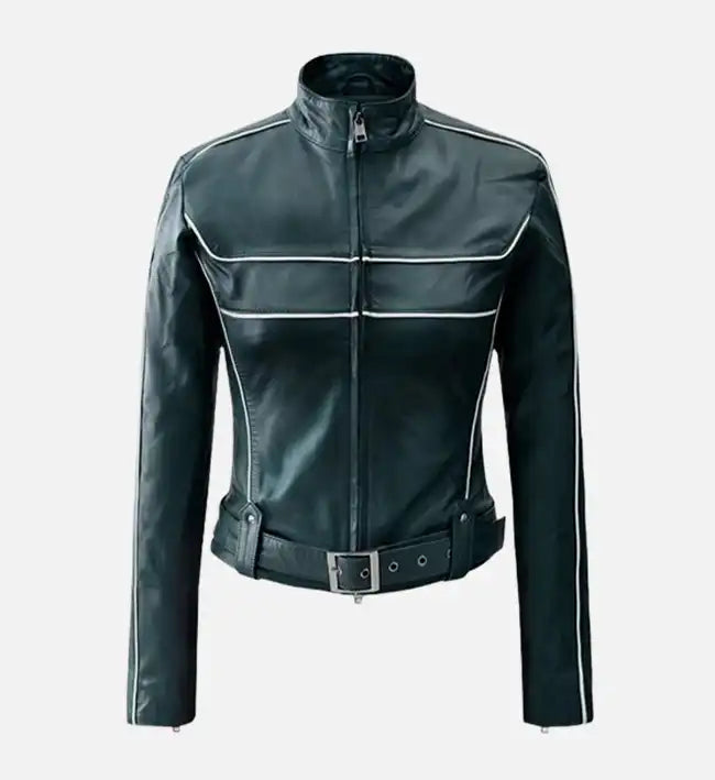 Women’s Prussian Blue Sheepskin Leather Jacket with White Stripes