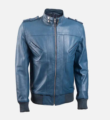 Men’s Sheepskin Band Collar Blue Bomber Leather Jacket
