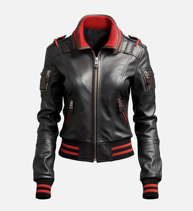 Women’s Sheepskin Leather Bomber Jacket – Black & Red with Ribbed Detailing
