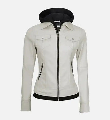Women’s Sheepskin Leather Jacket – Off-White, Pink & Green with Removable Hood