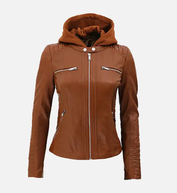 Women’s Sheepskin Leather Jacket – Brown with Quilted Details & Detachable Hood