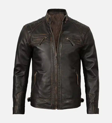 Men’s Sheepskin Leather Bomber Jacket – Brown with Diamond Quilted Shoulders