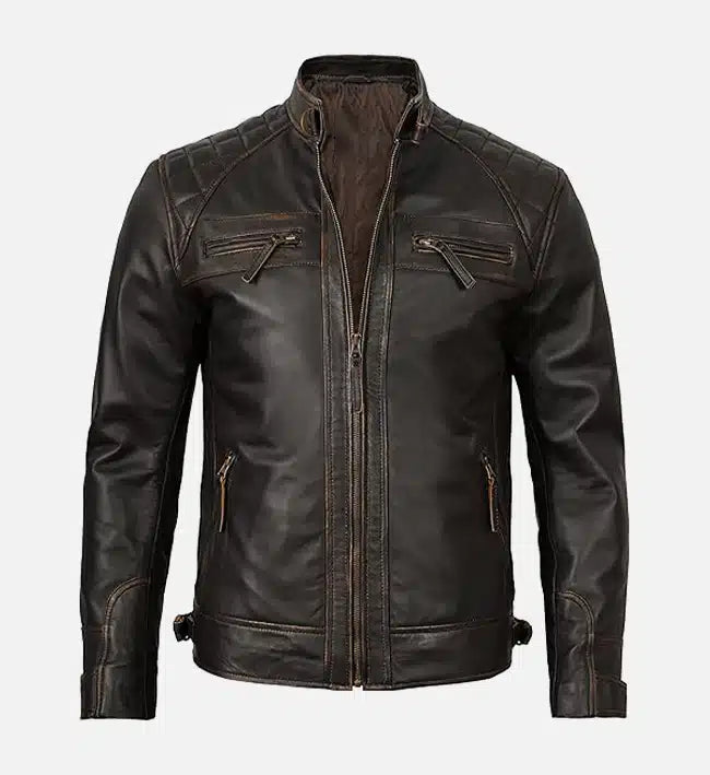 Men’s Sheepskin Leather Bomber Jacket – Brown with Diamond Quilted Shoulders
