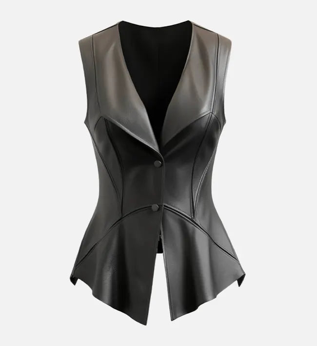 Women’s Black Sheepskin Leather Vest with Flared Bottom & Cut-Back Hemlines