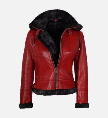 Women’s Red Shearling Hooded Leather Jacket with Belted Waist