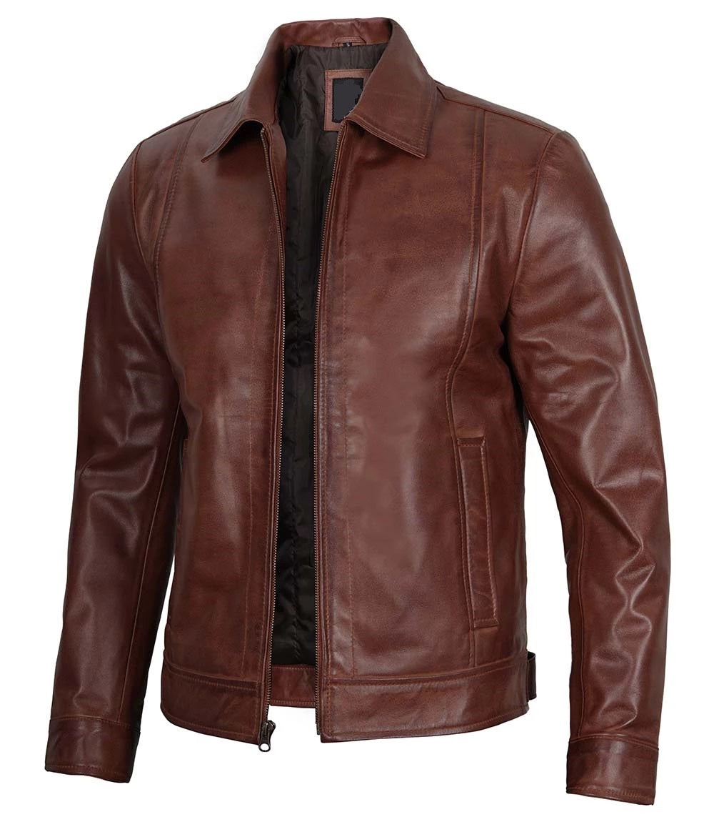 Men's Brown Leather Jacket - Classic Biker Style, Genuine Leather, Casual Outerwear for All Seasons and Occasions