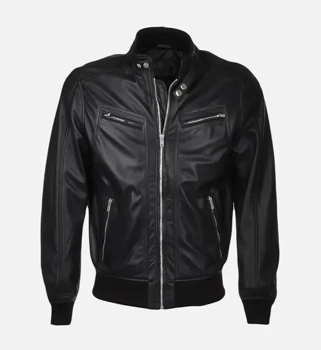 Men’s Sheepskin Snap Double Button Collar Black Leather Bomber Jacket