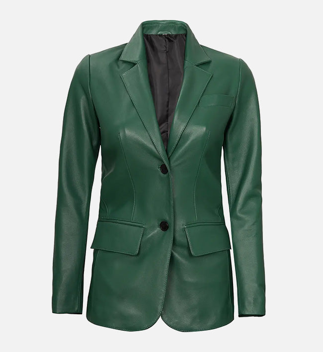 Women’s Green Sheepskin Leather Blazer Jacket with Contrast Black Buttons