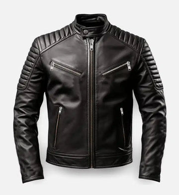 Genuine Sheepskin Leather Biker Jacket For Men – Black with Quilted Shoulder Detailing