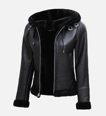 Women’s Sheepskin Leather Aviator Jacket – Black with Fur-Lined Hood