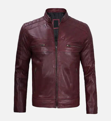 Men’s Sheepskin Leather Jacket – Maroon with Quilted Shoulders and Streamlined Back