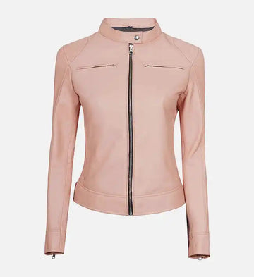 Women’s Light Pink Sheepskin Café Racer Leather Jacket with Snap-Tab Collar