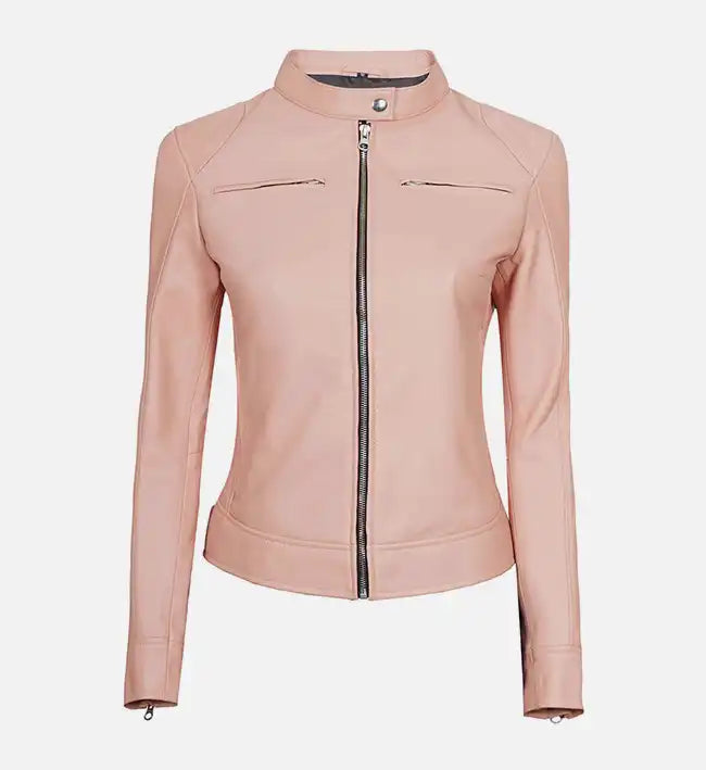 Women’s Light Pink Sheepskin Café Racer Leather Jacket with Snap-Tab Collar